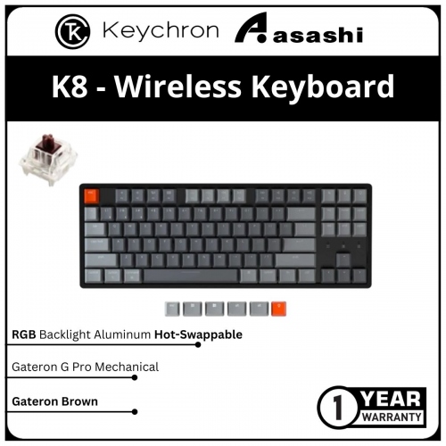 Keychron K8 Wireless RGB Aluminum Hot-Swap Mechanical Keyboard - Gateron Brown