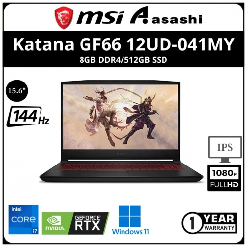 MSI Katana GF66 12UD-041MY Gaming Notebook (Intel Core i7-12700H/8G D4/512GB SSD/NV RTX3050Ti 4GD6/15.6