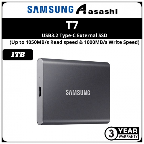 Samsung T7-Titan Grey 1TB USB3.2 Type-C External SSD - MU-PC1T0TWW (Up to 1050MB/s Read speed & 1000MB/s Write Speed)
