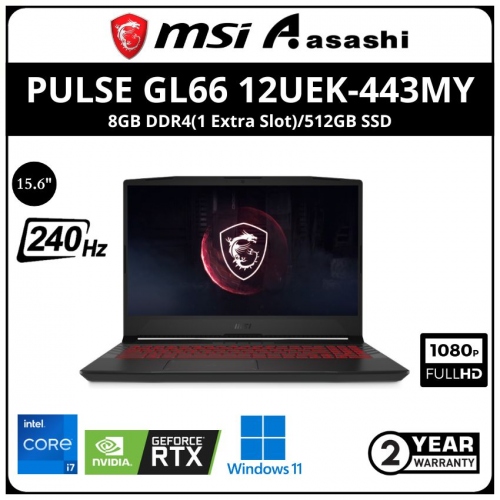MSI Pulse GL66 12UEK-443MY Gaming Notebook (Intel Core i7-12700H/8GB DDR4(1 Extra Slot)/512GB SSD NVMe/No-ODD/Nvidia RTX3060 6GD6/15.6