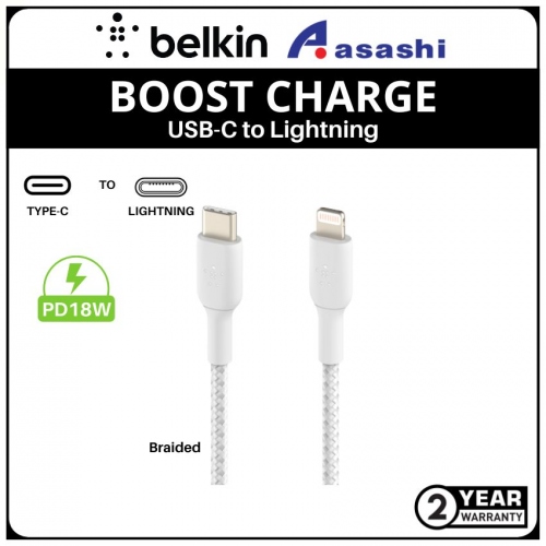 Belkin CAA004bt1MWH BOOST CHARGE Braided USB-C to Lightning Cable (1M , White)