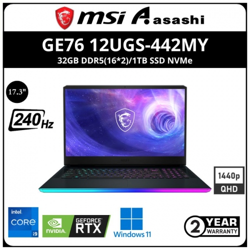 MSI GE76 12UGS-442MY Gaming Notebook (Intel Core i9-12900HK/32GB DDR5(16*2)/1TB SSD NVMe/No-ODD/Nvidia RTX3070Ti 8GD6/17.3' QHD 240hZ 100%DCI-P3/WIN11Home/2yrs/Baginside)