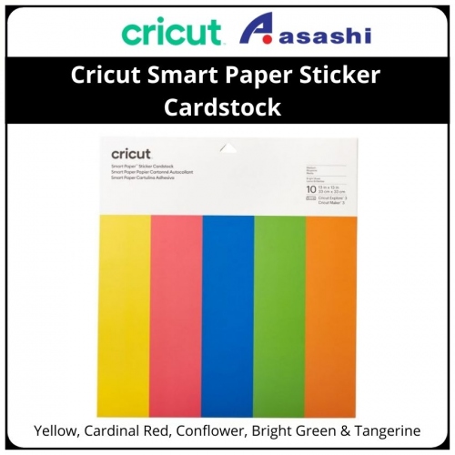 Cricut 2008318 Smart Paper Sticker Cardstock - Bright Bow 10 Sheets (5 colors, 2each), 13 in x 13 in (30.5 cm x 30.5 cm), Yellow, Cardinal Red, Conflower, Bright Green & Tangerine, Smooth, medium weight (210 gsm / 78 lb), Works without a cutting mat – just load & go!