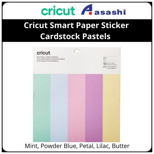 Cricut 2008320 Smart Paper Sticker Cardstock Pastels - 10 Sheets (5 colors, 2each) 13 in x 13 in (30.5 cm x 30.5 cm), Mint, Powder Blue, Petal, Lilac, Butter, Smooth, medium weight (210 gsm / 78 lb), Works without a cutting mat – just load & go!