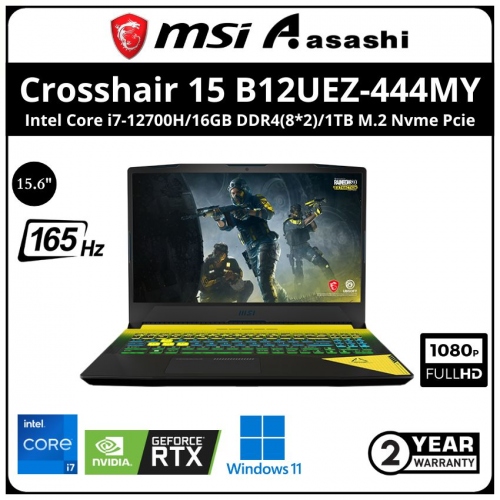 MSI Crosshair 15 B12UEZ-444MY Gaming Notebook (Intel Core i7-12700H/16GB DDR4(8*2)/1TB M.2 Nvme Pcie /No-DVD/RTX3060 6GD6/15.6' QHD 165Hz,DCI-P3 100%/Win11Home/2yrs/Backpack inside)