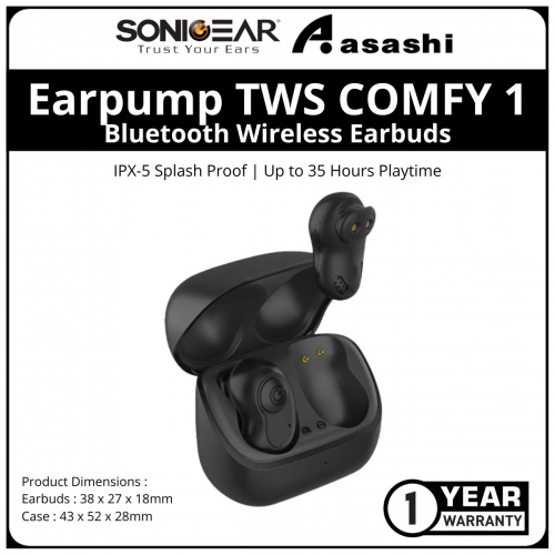 Sonic Gear Earpump TWS COMFY 1 (Black) Bluetooth Wireless Earbuds with IPX-5 Splash Proof | Up to 35 Hours Playtime