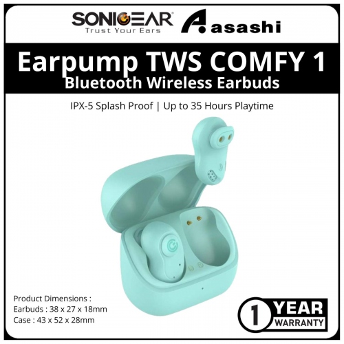 Sonic Gear Earpump TWS COMFY 1 (Mint) Bluetooth Wireless Earbuds with IPX-5 Splash Proof | Up to 35 Hours Playtime