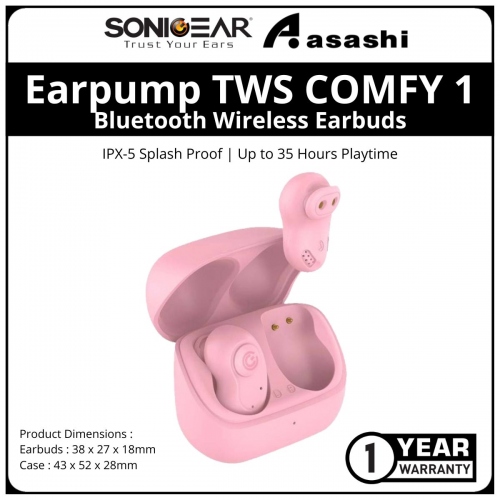 Sonic Gear Earpump TWS COMFY 1 (Pink) Bluetooth Wireless Earbuds with IPX-5 Splash Proof | Up to 35 Hours Playtime