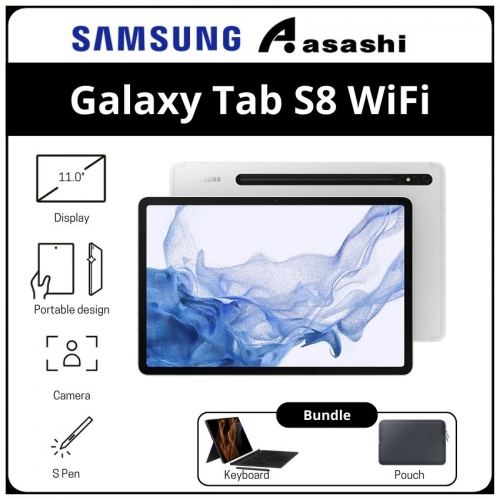 Samsung Galaxy Tab S8 WiFi 8GB/128GB Silver (SM-X700NZSHXME)-Bundle Keyboard & S Pen, FOC Pouch Bag