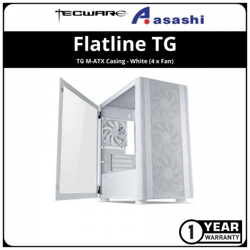 Tecware Flatline TG M-ATX Casing - White (4 x Fan)