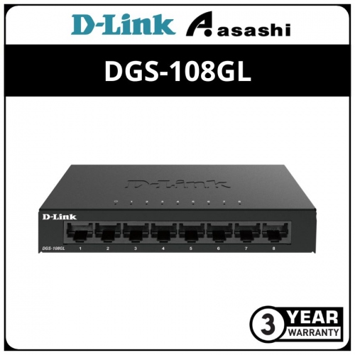 D-Link Ethernet Switch, 8 Port Gigabit Unmanaged Metal Fanless Desktop or  Wall Mount Design (DGS-108), Black