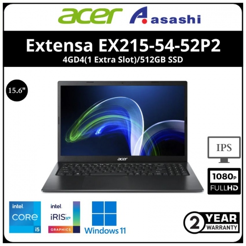 Acer Extensa EX215-54-52P2 Notebook-(Intel Core i5-1135G7/4GD4(1 Extra Slot)/512GB SSD/No-DVDRW/15.6