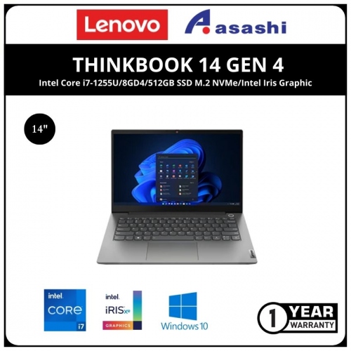 Lenovo ThinkBook 14 Gen 4 Commercial Notebook-21DH003VMJ-(Intel Core i7-1255U/8GD4/512GB SSD M.2 NVMe/Intel Iris Graphic/14