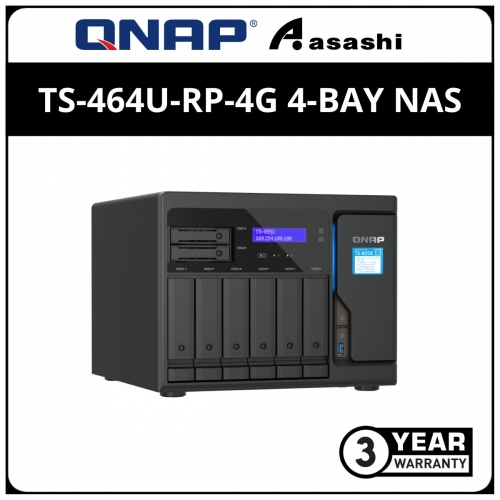 Qnap TS-464U-RP-4G 4-Bay NAS Rackmounted System with redundant power (Intel Celeron N5105/N5095 burst up to 2.9GHz Quad Core, 4GB DDR4(1 Extra Slot) ,2 x USB 3.2 Gen2, 2 x USB 2.0 , 2 x 2.5 GbE)