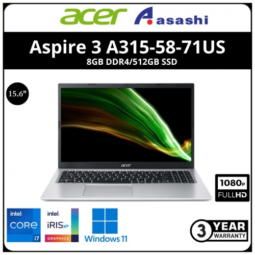 Acer Aspire 3 A315-58-71US Notebook (Intel Core i7-1165G7/8GB DDR4/512GB SSD/No ODD/15.6