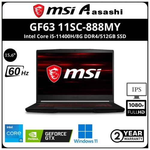 MSI GF63 11SC-888MY Gaming Notebook (Intel Core i5-11400H/8G DDR4/512GB SSD/No-ODD/GTX1650 4GD5 Max-Q/15.6