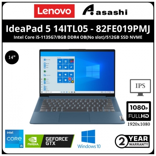Lenovo IdeaPad 5 14ITL05 Notebook-82FE019PMJ-(Intel Core i5-1135G7/8GB DDR4 OB(No slot)/512GB SSD NVME/Nvidia MX450 2GB Graphic/14