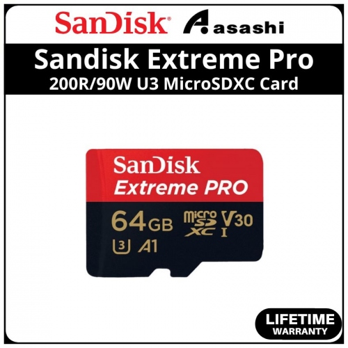 Sandisk (SDSQXCU-064G-GN6MA) Extreme Pro 64GB UHS-I U3 V30 Class10 MicroSDXC Card - Up to 200MB/s Read Speed,90MB/s Write Speed