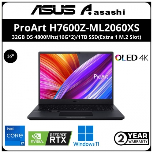 Asus ProArt H7600Z-ML2060XS Creator Notebook - (Intel Core i7-12700H/32GB D5 4800Mhz(16G*2)/1TB SSD(Extra 1 M.2 Slot)/16