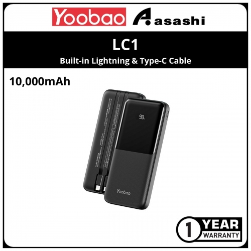 Yoobao LC1-Black 10000mah Powe Bank with Built-in Lightning & Type-C Cable (1 yrs Limited Hardware Warranty)
