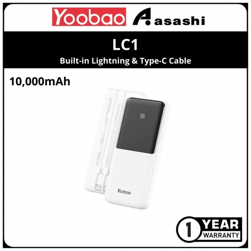 Yoobao LC1-White 10000mah Powe Bank with Built-in Lightning & Type-C Cable (1 yrs Limited Hardware Warranty)