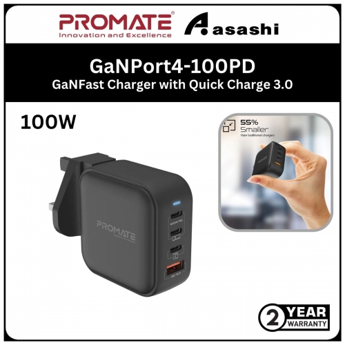 Promate GaNPort4-100PD 100W Power Delivery GaNFast™ Charger with Quick Charge 3.0 (2year Manufacturer Warranty)