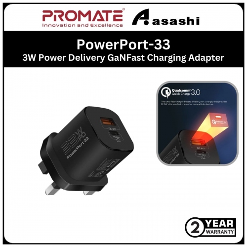 Promate PowerPort-33 (Black) 33W Power Delivery GaNFast™ Charging Adapter (2 year Manufacturer Warranty)