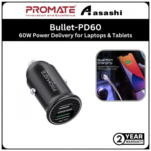 Promate Bullet-PD60 RapidCharge™ Quick Charging Mini Car Charger with 60W Power Delivery for Laptops & Tablets (2 year Manufacturer Warranty)