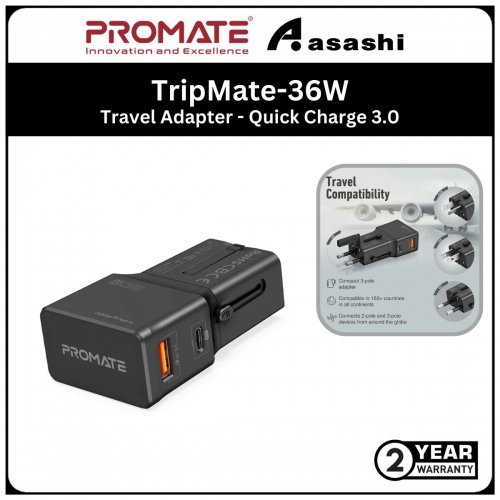 Promate TripMate-36W 36W Sleek Universal Travel Adapter with 20W Power Delivery & Quick Charge 3.0