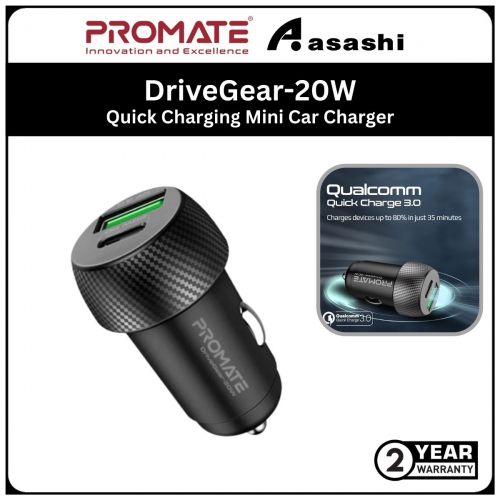 Promate DriveGear-20W 20W Quick Charging Mini Car Charger with Power Delivery and QC 3.0 (2 year Manufacturer Warranty)