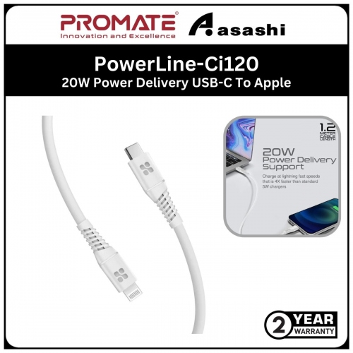 Promate PowerLine-Ci120 (White) 20W Power Delivery USB-C To Apple® Lightning Connector Cable *MFi Certified*