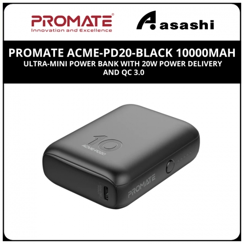 Promate Acme-PD20-Black 10000mAh Ultra-Mini Power Bank with 20W Power Delivery and QC 3.0
