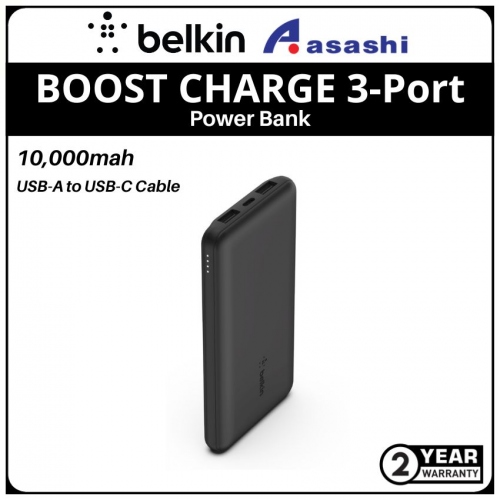 Belkin BOOST CHARGE 3-Port Power Bank 10K + USB-A to USB-C Cable - Black