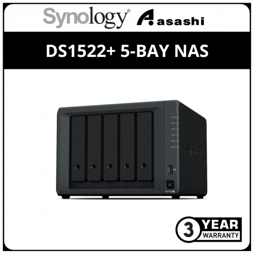 Synology DS1522+ 5-Bay NAS (AMD Ryzen R1600 2.6Ghz *up to 3.1Ghz, 8GB DDR4,4 x GbE)