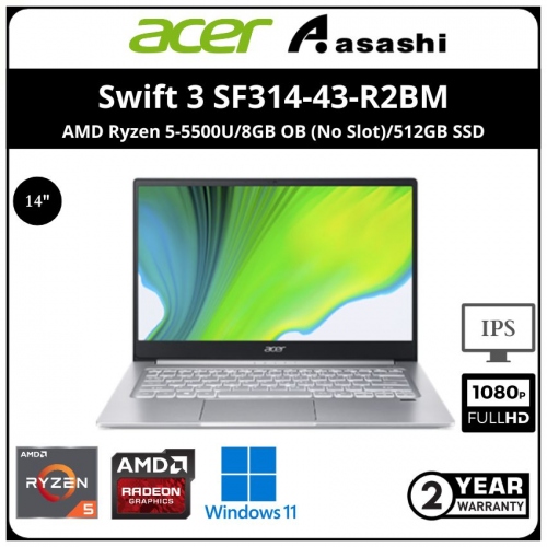 Acer Swift 3 SF314-43-R2BM Ultrabook-(AMD Ryzen 5-5500U/8GB OB (No Slot)/512GB SSD/AMD Graphic/14
