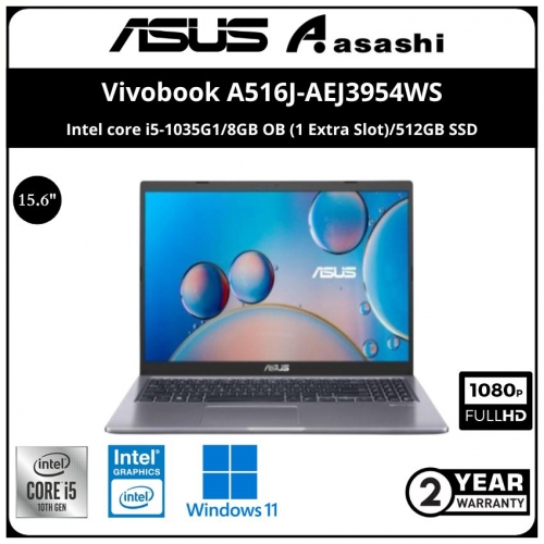 Asus Vivobook A516J-AEJ3954WS Notebook - (Intel core i5-1035G1/8GB OB (1 Extra Slot)/512GB SSD/15.6
