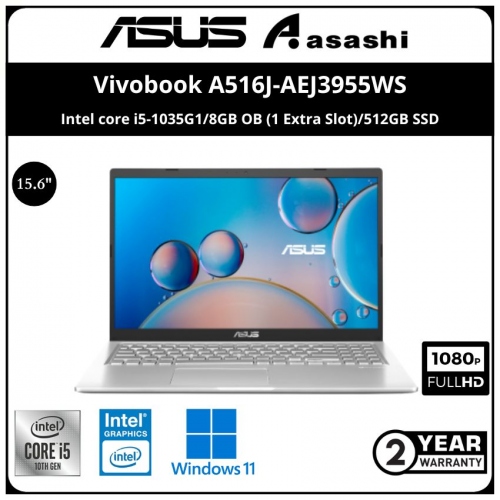 Asus Vivobook A516J-AEJ3955WS Notebook - (Intel core i5-1035G1/8GB OB (1 Extra Slot)/512GB SSD/15.6