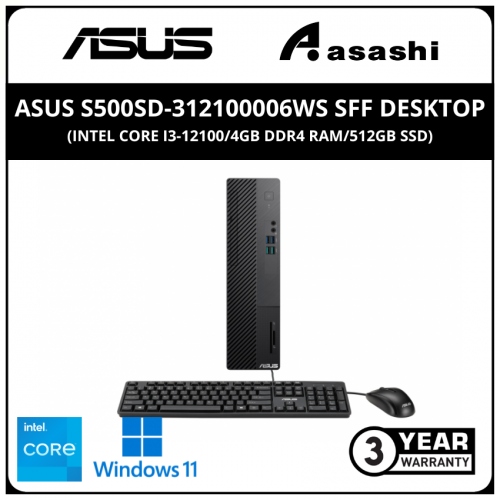 ASUS S500SD-312100006WS SFF Desktop - (Intel Core i3-12100/4GB DDR4 Ram/512GB SSD/Intel UHD Graphics/No ODD/Wifi+BT/Wired Key&Mouse/Win 11 Home/Office Home & Student/3yr Onsite)