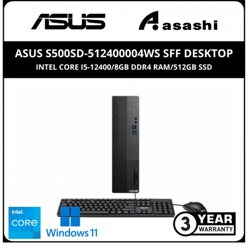 ASUS S500SD-512400004WS SFF Desktop - (Intel Core i5-12400/8GB DDR4 Ram/512GB SSD/Intel UHD Graphics/No ODD/Wifi+BT/Wired Key&Mouse/Win 11 Home/Office Home & Student/3yr Onsite)