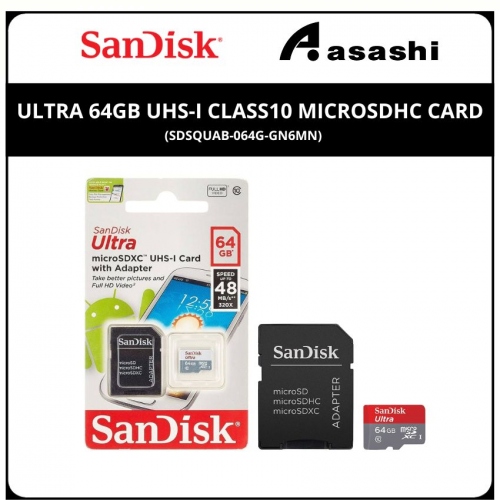Sandisk (SDSQUAB-064G-GN6MN) Ultra 64GB UHS-I Class10 MicroSDHC Card w/o Adapter - Up to 140MB/s Read Speed