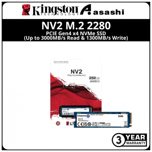 Kingston NV2 250GB M.2 2280 PCIE Gen4 x4 NVMe SSD (Up to 3000MB/s Read & 1300MB/s Write)