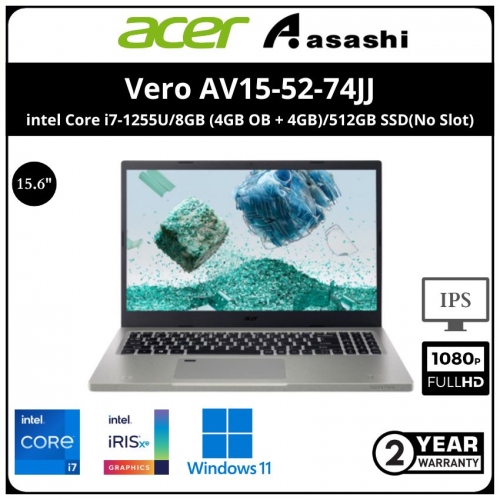 Acer Vero AV15-52-74JJ Notebook (intel Core i7-1255U/8GB (4GB OB + 4GB)/512GB SSD(No Slot)/Intel® Iris® Xe Graphics/15.6