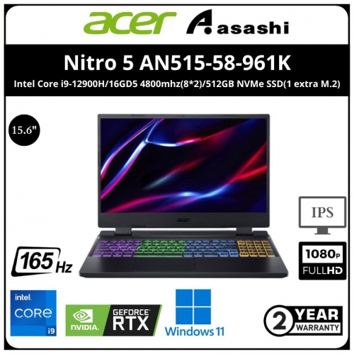 Acer Nitro 5 AN515-58-961K Notebook (Intel Core i9-12900H/16GD5 4800mhz(8*2)/512GB NVMe SSD(1 extra M.2)/NV RTX3060 6GD6/15.6