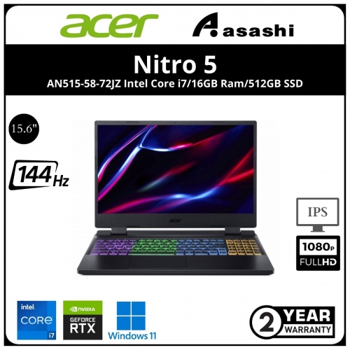 Acer Nitro 5 AN515-58-72JZ Notebook (Intel Core i7-12700H/16GD4 3200mhz(8*2)/512GB NVMe SSD(1 extra M.2)/NV RTX3050 4GD6/15.6