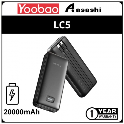 Yoobao LC5-Black 20000mah SCF22.5w Power Bank - PD20W with LCD Digital Display & Built-in Type-C & Lightning Cables (1 yrs Limited Hardware Warranty)