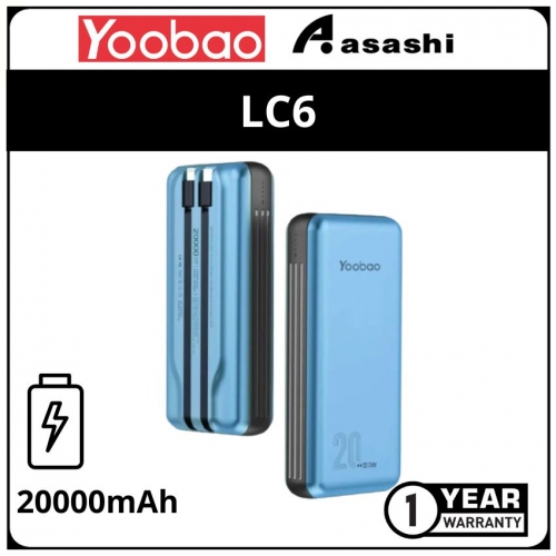 Yoobao LC6-Blue 20000mah Metal Surface SCF22.5w Power Bank - PD20W with Built-in Type-C & Lightning Cables (1 yrs Limited Hardware Warranty)