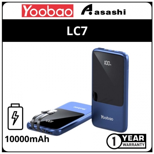 Yoobao LC7-Blue 10000mah SCF22.5w Power Bank - PD20W with LCD Digital Display & Built-in Type-C & Lightning Cables (1 yrs Limited Hardware Warranty)