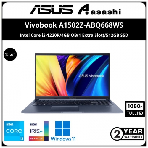 Asus Vivobook A1502Z-ABQ668WS Notebook - (Intel Core i3-1220P/4GB OB(1 Extra Slot)/512GB SSD/15.6