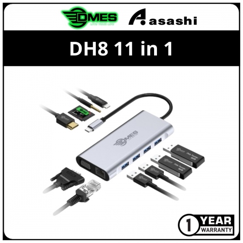 DMES DH8 11 in 1 Type-C to USB3.0x4, HDMI x1, VGA x1, Type C x1, AUX, TF/SD Card x1 & RJ45x1 Hub Converter Adapter