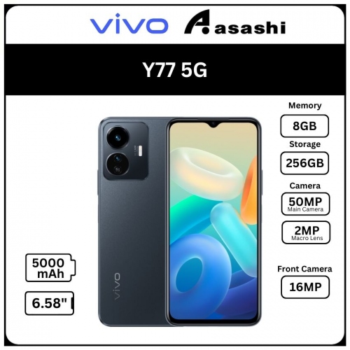 VIVO Y77 5G Smartphone (Dimensity 810 2.4Ghz/8GB+256GB/50MP+2MP Rear/16MP Front/6.58